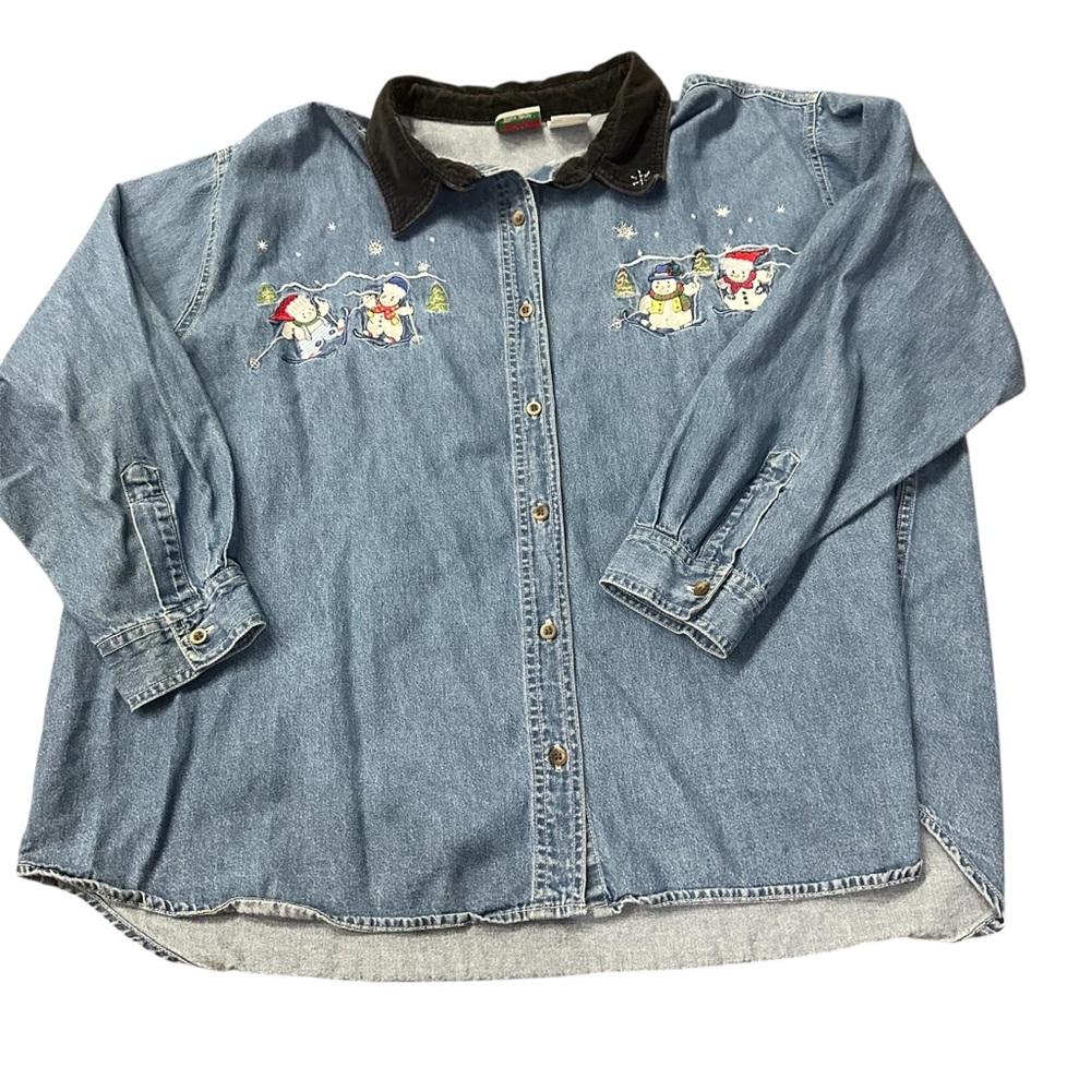 Vintage Embroidered Snowman & Corduroy Collar Denim Button-Down‎ Shirt 24w